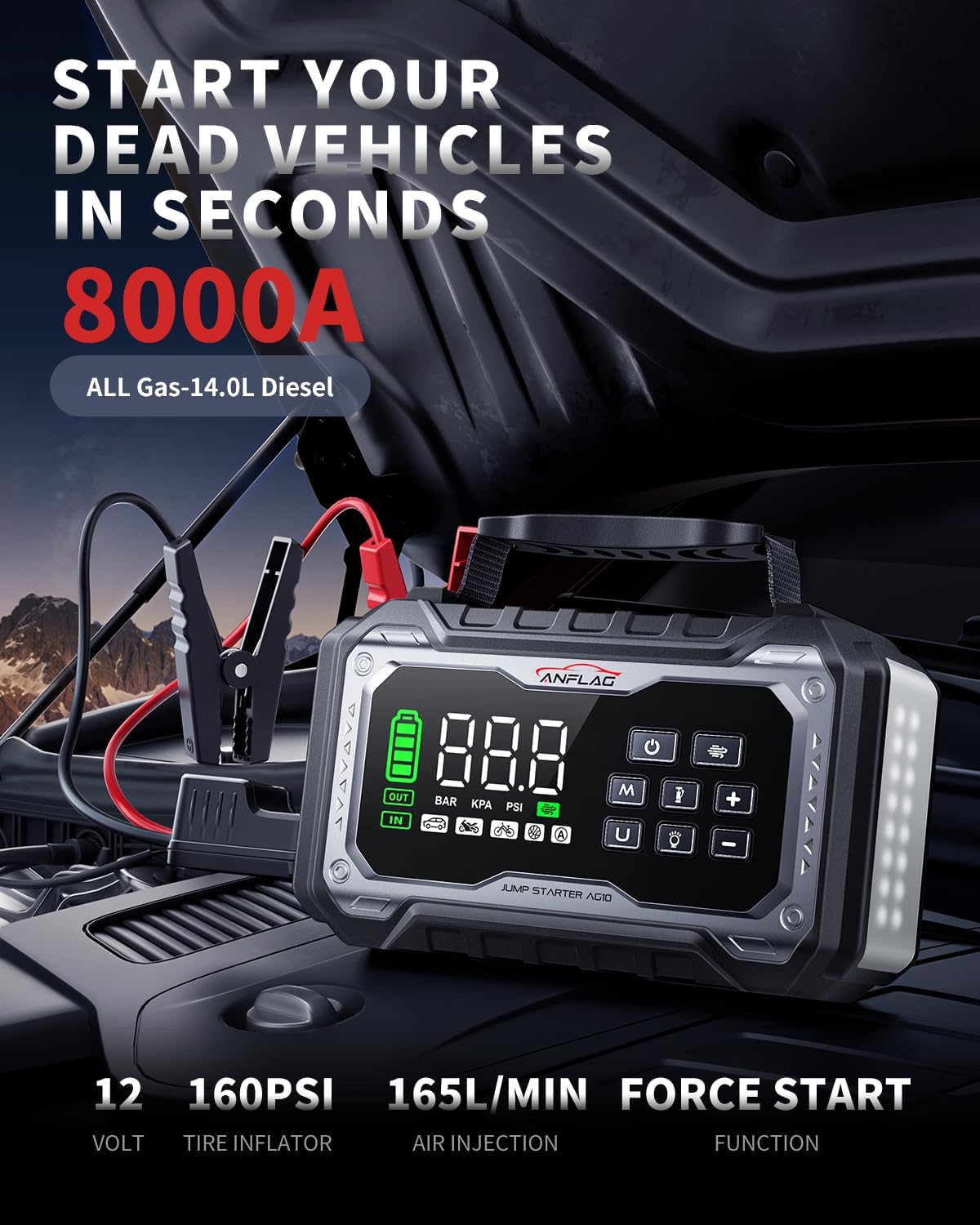 8000A Jump Starter Power Pack with Air Compressor